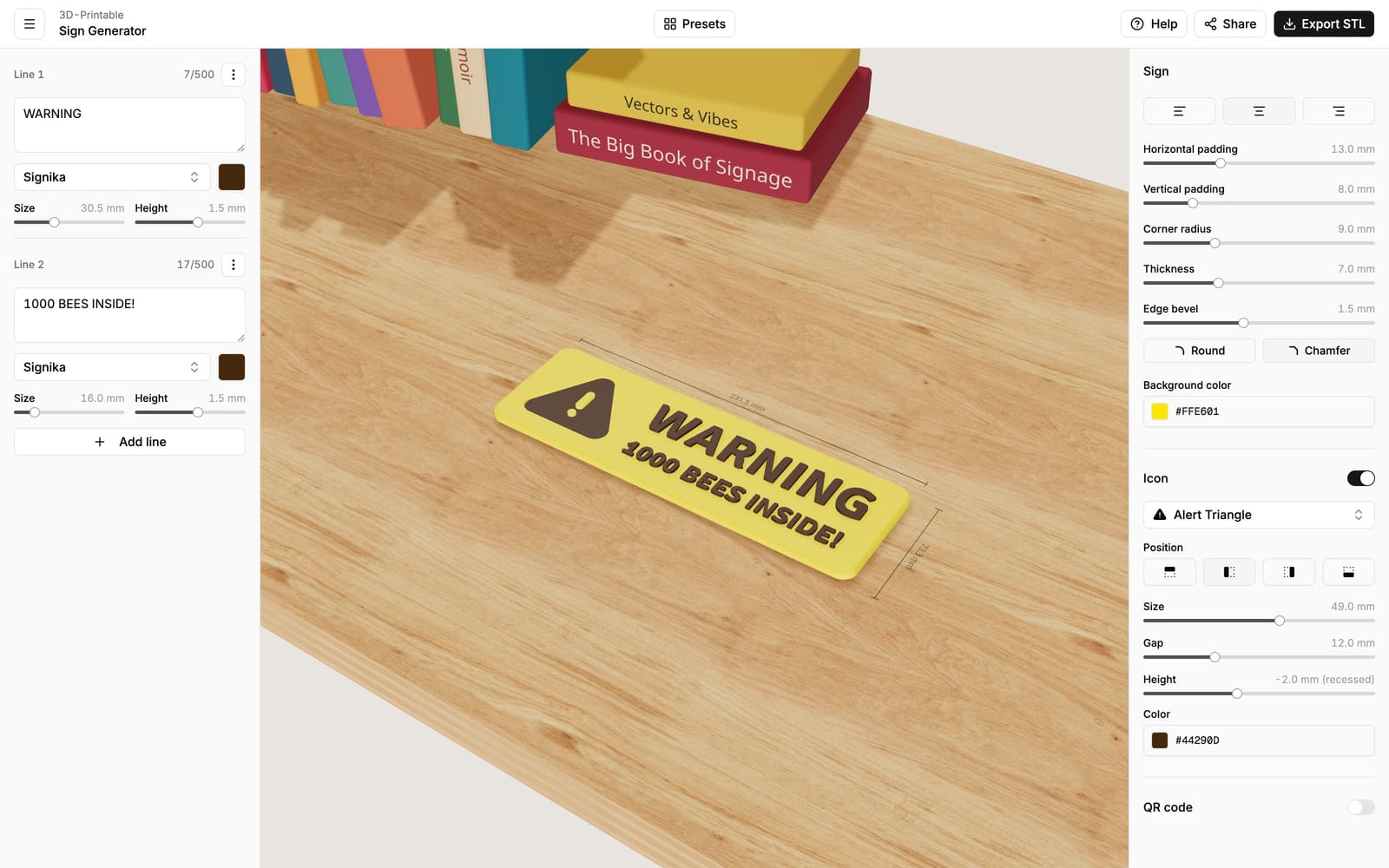 The Sign Generator editor with a live 3D preview of a sign